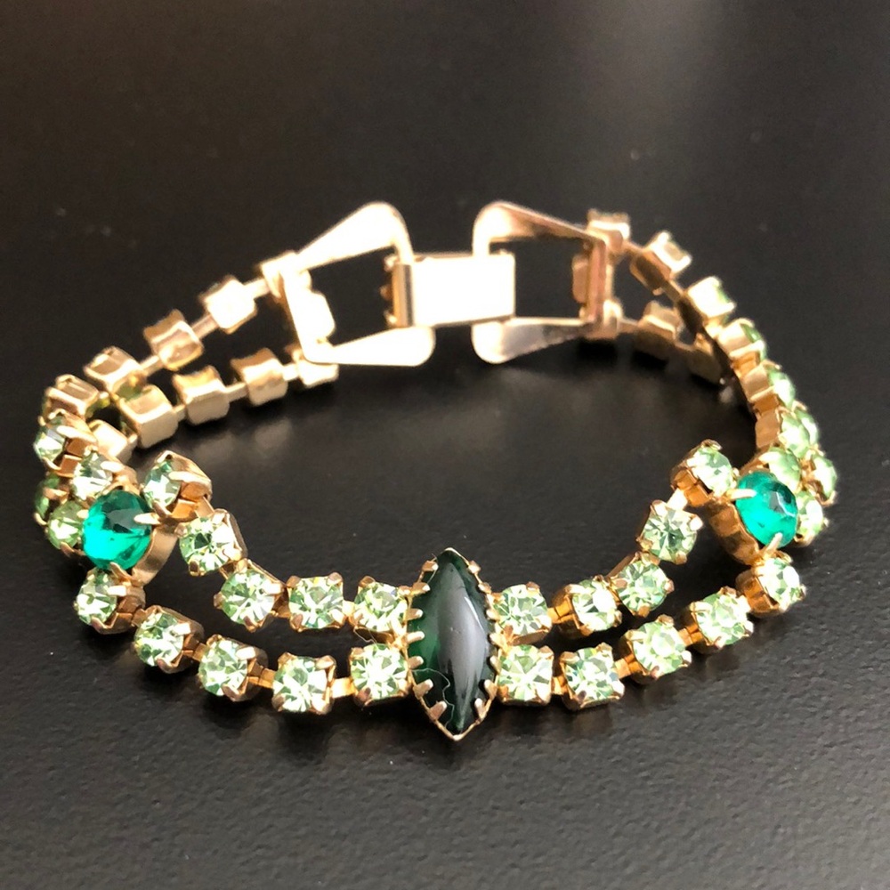 Vintage Estate Double Row Gold Bracelet Peridot & Emerald Colored Rhinestones